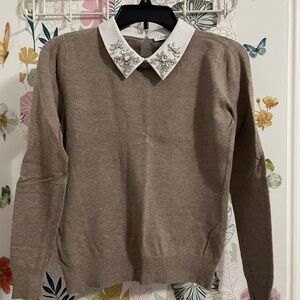Sioni Milano  small embellished collar brown long  sleeve shirt